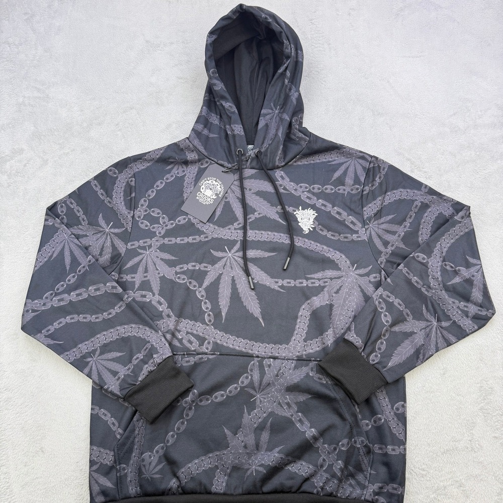 Crooks and Castles Hoodie Mens XL Black Weed‎ Chain Print Pullover Streetwear